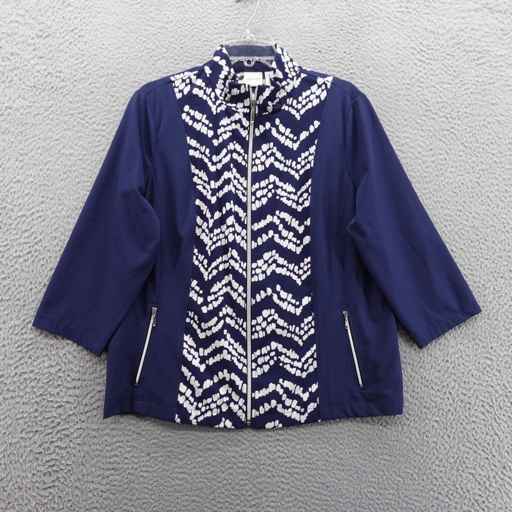 Chicos Zenergy Lightweight Active Jacket Size 2 US 12 Blue White Womens Chevron